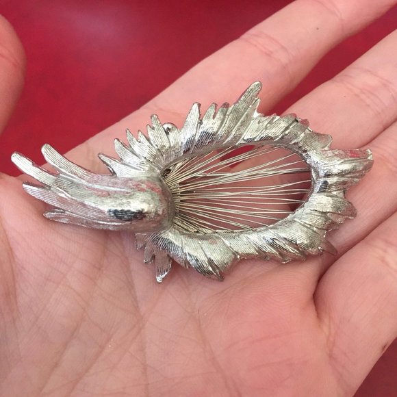 Vintage Brushed Silver Tone & Wire Abstract Brooch - Large Flower Leaf Modernist - Picture 3 of 4